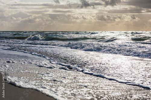 Germany,ÔøΩMecklenburg-Western Pomerania, Prerow, Waves brushing sandy coastal beach of Baltic Sea at dusk photo