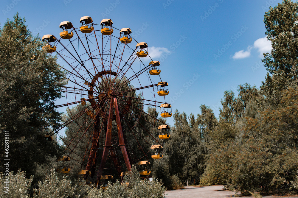 Abandoned metal radioactive attraction in an amusement park in the city of Pripyat