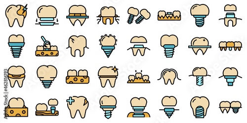 Dental implant icons set outline vector. Surgery jaw. Medicine screw