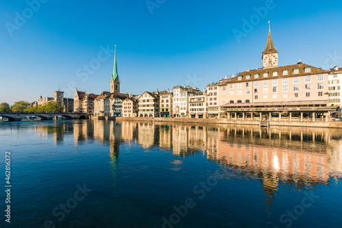 Switzerland,ÔøΩCanton of Zurich, Zurich, Old town buildings reflecting in Limmat river photo