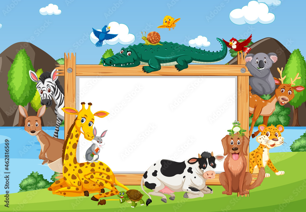 Naklejka premium Empty wooden frame with various wild animals in the forest
