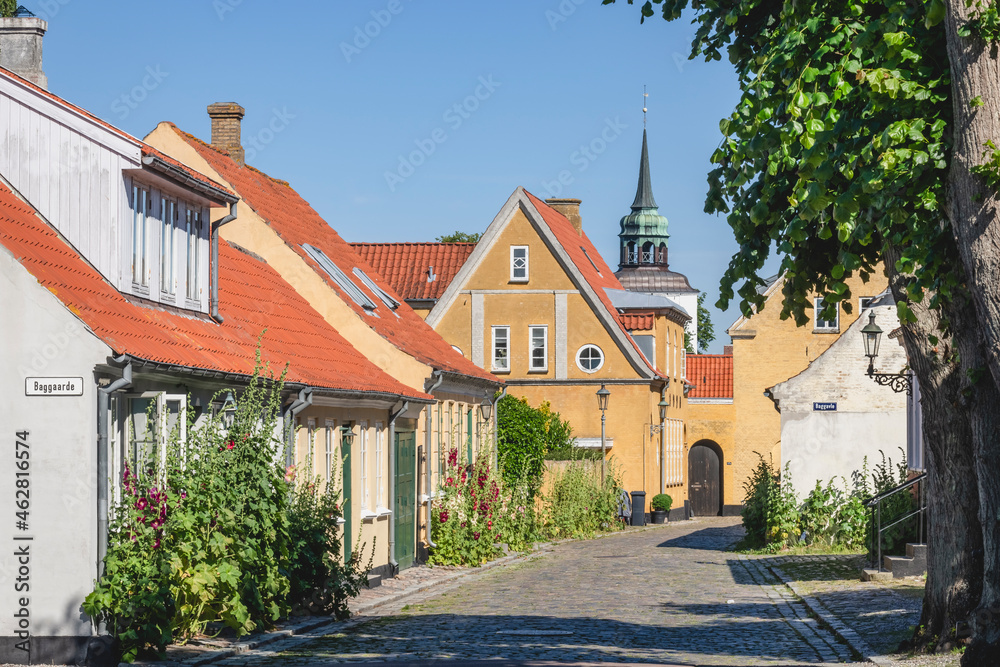 Denmark, Region of Southern Denmark, Aeroskobing, Old town houses along cobblestone street Denmark, Region of Southern Denmark, Aeroskobing, Old town houses along cobblestone street