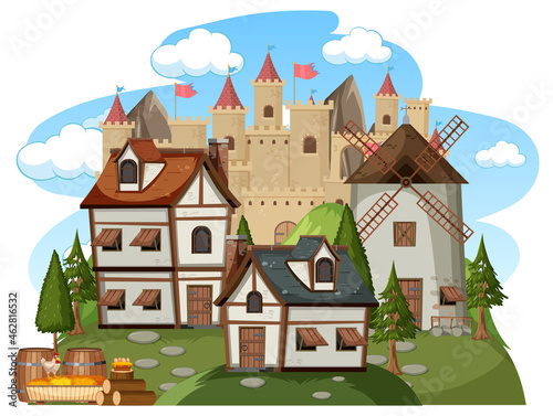 Medieval village scene on white background