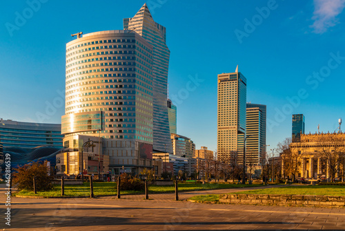 View to modern skyscrapers at sunlight, Warsaw, Poland photo