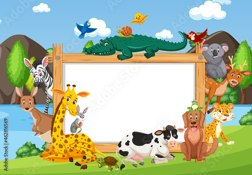 Fototapeta Naklejka Na Ścianę i Meble -  Empty wooden frame with various wild animals in the forest