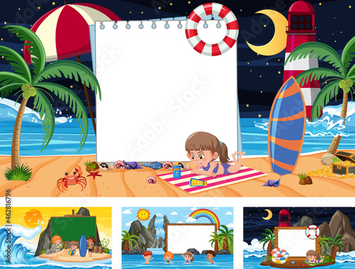 Set of blank banner in different tropical beach scenes © brgfx