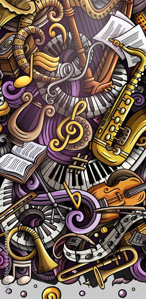Classic Music hand drawn doodle banner. Cartoon detailed flyer.