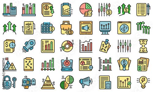 Business trend icons set outline vector. Web site. Analysis target