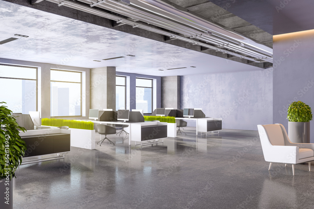 Fototapeta premium Modern concrete coworking office interior with window and city view, furniture, devices and equipment. 3D Rendering.