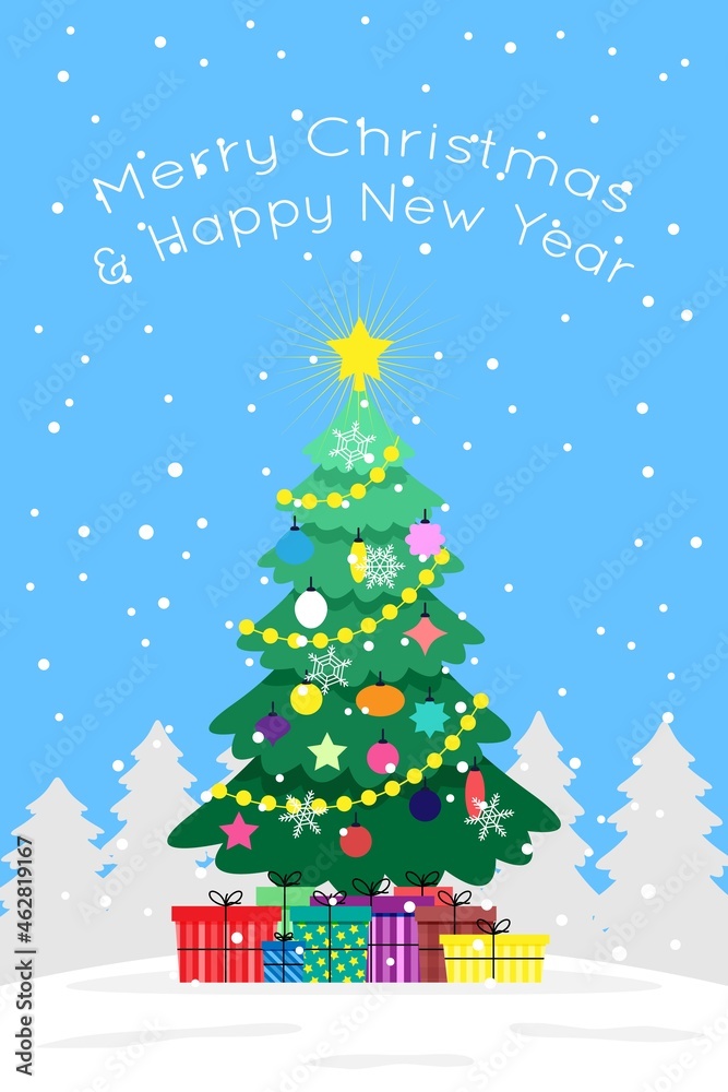 Christmas and New Year tree decorated with toys, balls and garlands with colorful gifts and snow on a blue background. Cute vector flat image for greeting card or postcard. 