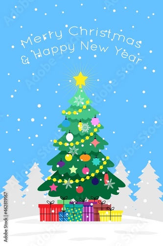 Christmas and New Year tree decorated with toys, balls and garlands with colorful gifts and snow on a blue background. Cute vector flat image for greeting card or postcard. 