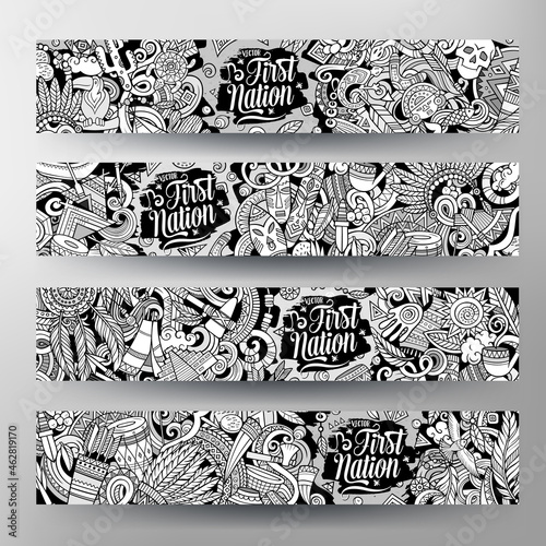 Cartoon cute doodles Native American horizontal banners set