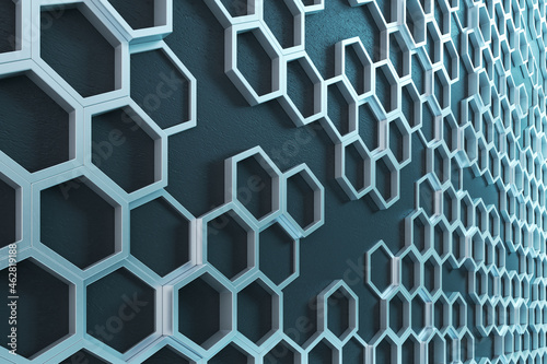 Fototapeta Naklejka Na Ścianę i Meble -  Creative blue honeycomb background. Landing page concept. 3D Rendering.