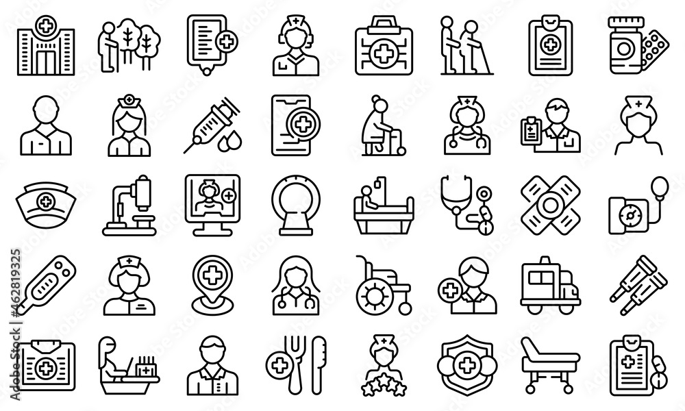 Nursing assistant icons set outline vector. Old people. Care patient - obrazy, fototapety, plakaty 