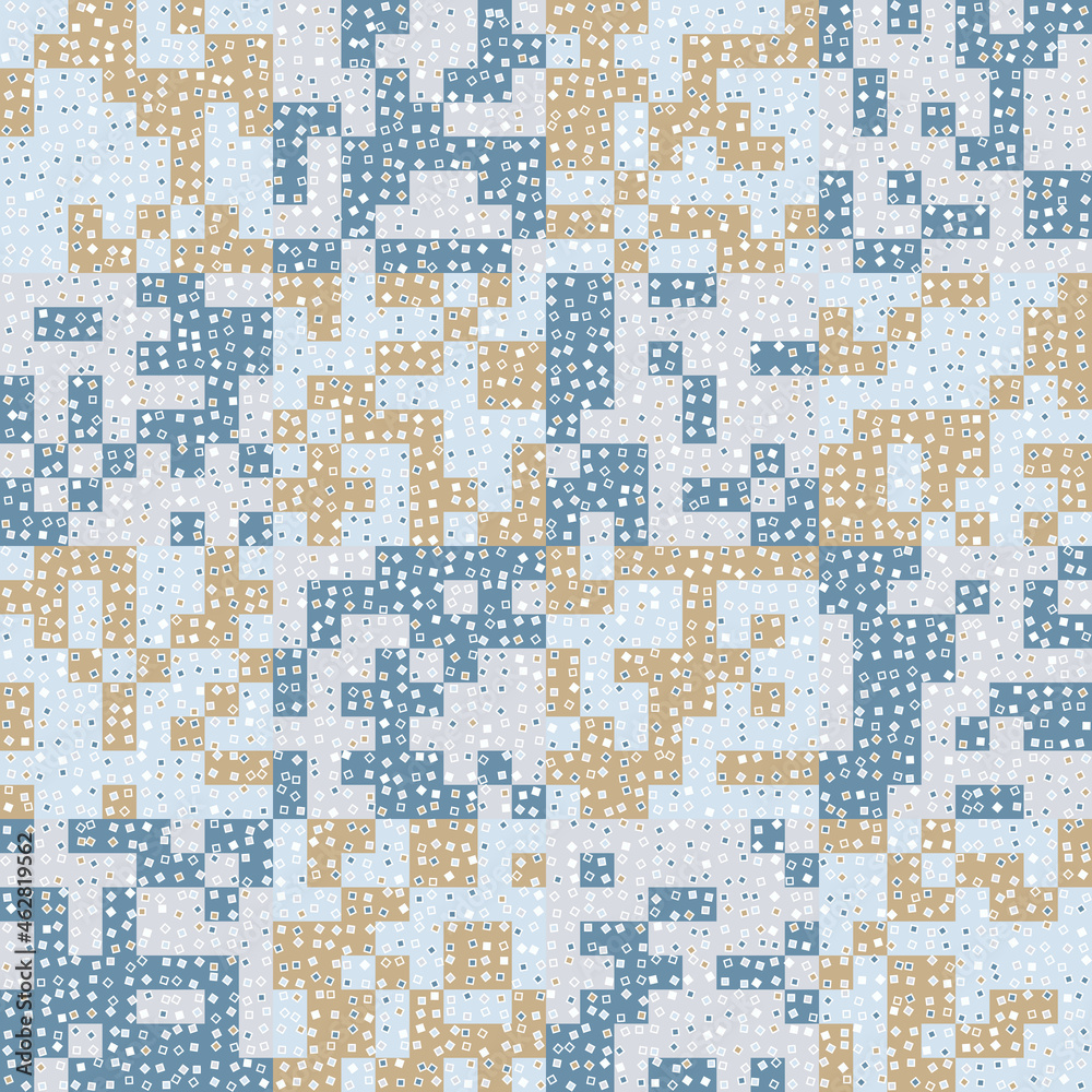 Fototapeta premium Pixel-chess winter camouflage covered with a scattering of small squares. Seamless texture.