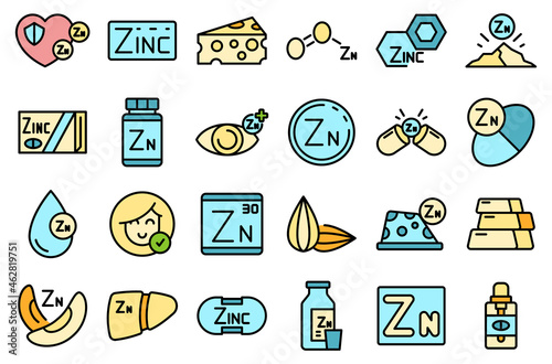Zinc icons set outline vector. Mineral supplement. Vitamin food