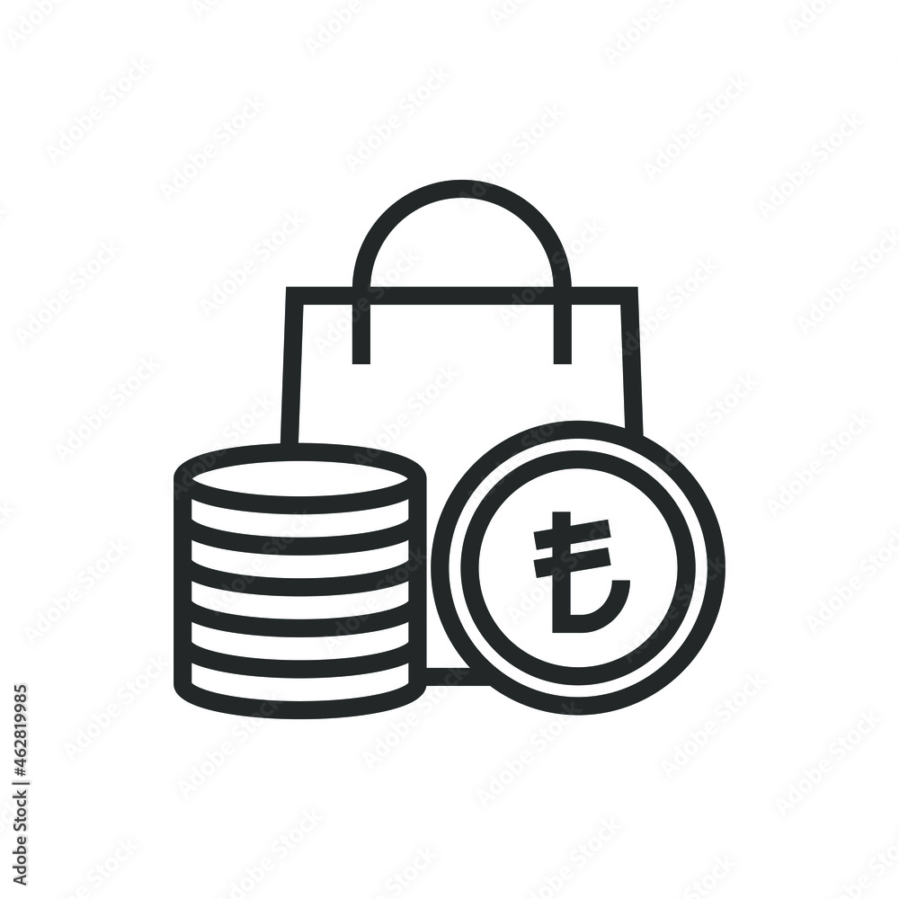 Turkish lira coins and shopping bag. E-commerce icon concept isolated on white background. Vector illustration Turkish lira coins and shopping bag. E-commerce icon concept isolated on white background. Vector illustration