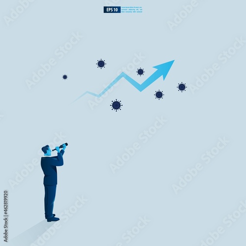 Businessman character looking through telescope seeing success vision with arrow up in pandemic case. Financial, Return on investment ROI chart increase profit vector illustration concept.