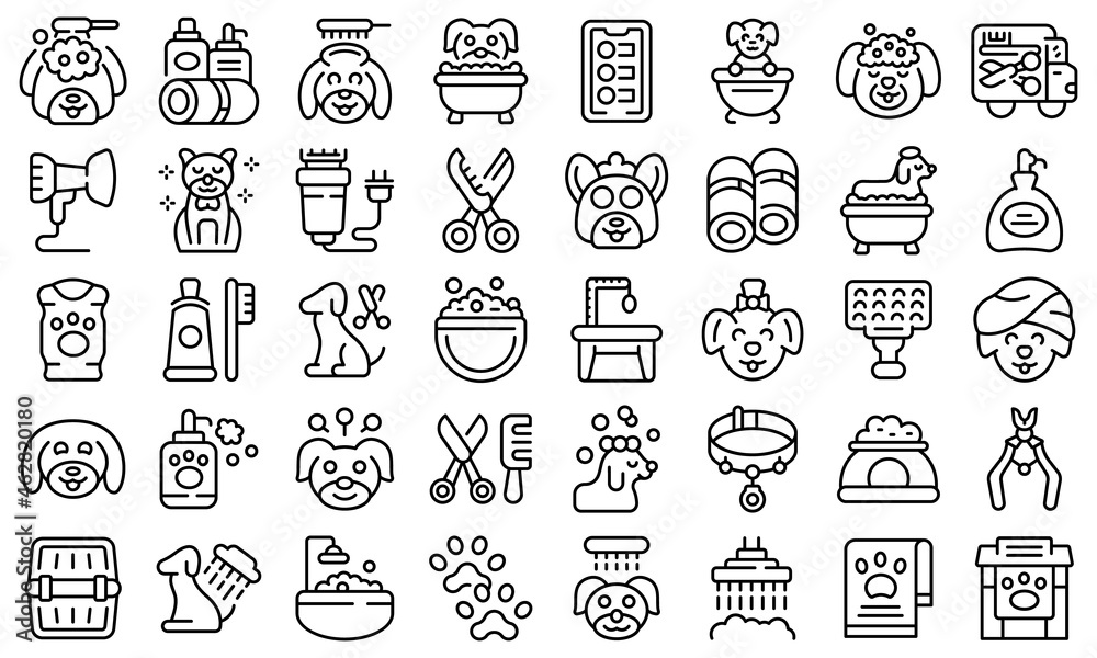 Dogs spa icons set outline vector. Shower grooming. Animal spa