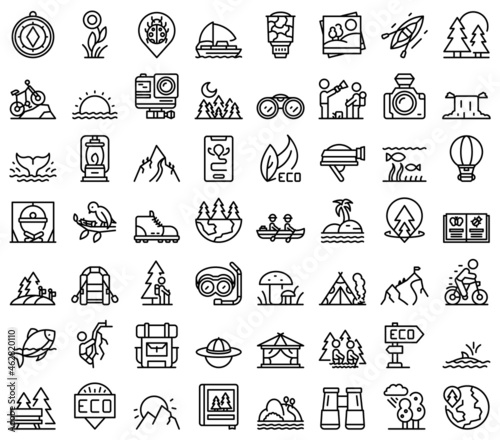 Eco tourism icons set outline vector. Fauna nature. Flora bird