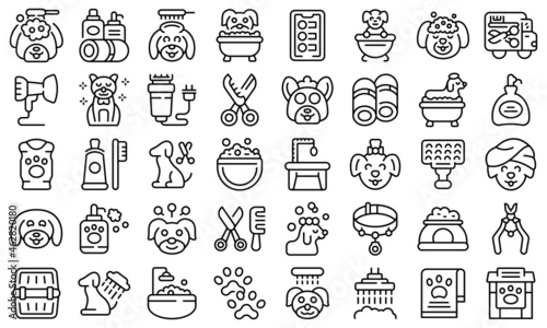 Dogs spa icons set outline vector. Shower grooming. Animal spa