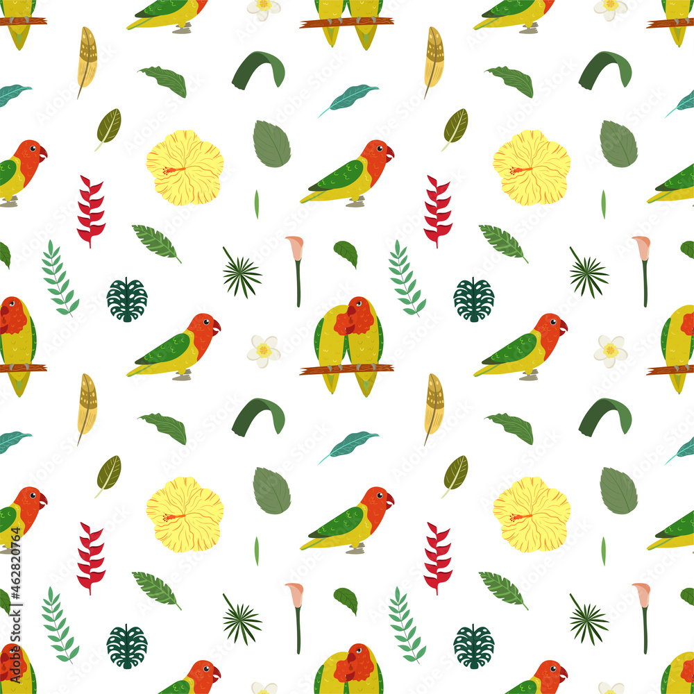 Obraz premium Seamless pattern with lovebird parrots on stick, tropical leaves and flowers. Cute baby print for fabric and textile.