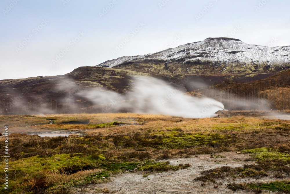 Iceand, Haukadalur valley, Geothermal site with hot spring, geyser Iceand, Haukadalur valley, Geothermal site with hot spring, geyser