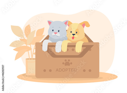 Rescued pets in box 2D vector isolated illustration. Saving animals. Dog and cat in container for shelter. Cute kitten and puppy flat characters on cartoon background. Adoption colourful scene