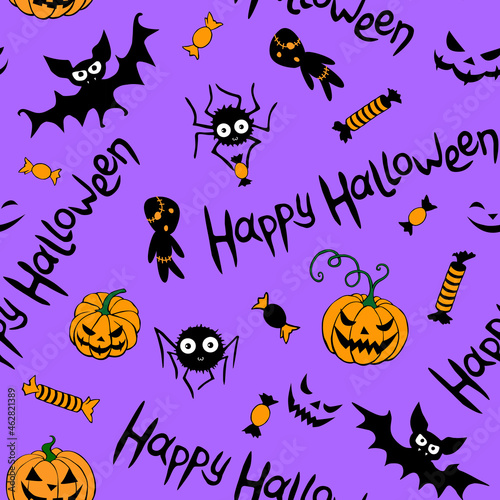 Happy Halloween-seamless pattern of traditional holiday symbols-pumpkin, Jack lantern, zombie, bat, spider, candies. Funny texture for greeting card, invitation, party poster, wrapping paper