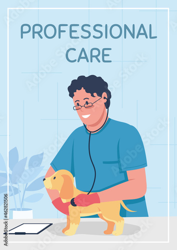 Veterinarian appointment poster flat vector template. Medical check for dog. Brochure, booklet one page concept design with cartoon characters. Professional care flyer, leaflet with copy space