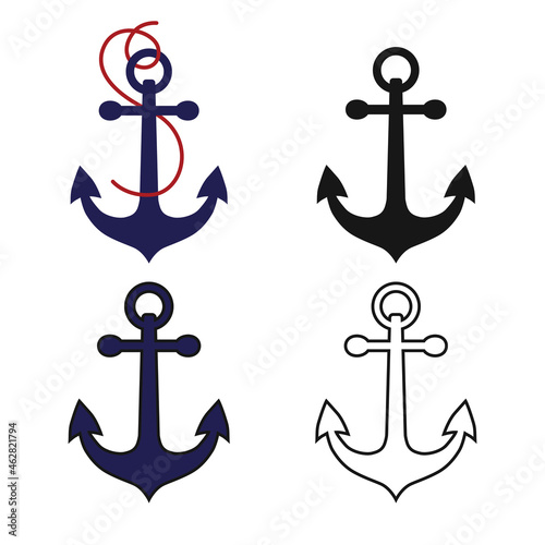 Set of anchor icons. A device designed to fix a floating object in place due to adhesion to the ground. Vector illustration isolated on a white background for design and web.