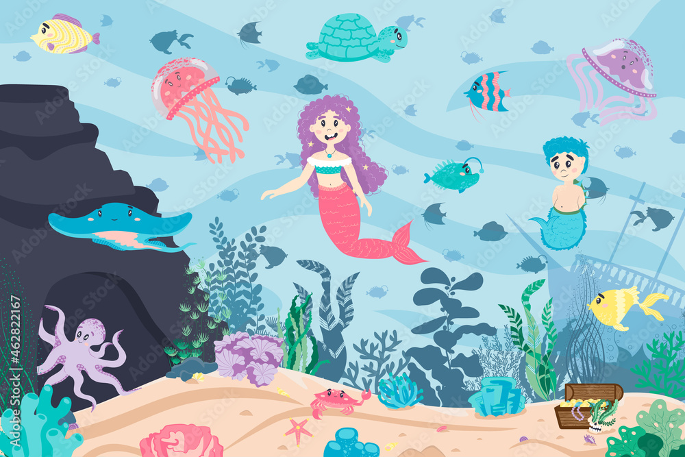 Seabed with fish, cave, sand, mermaid girl and boy. sunken ship, treasures, shells, corals, algae. underwater fairy landscape in cartoon flat style.