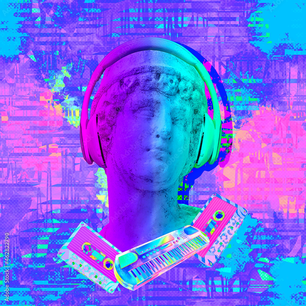 Contemporary minimal fashion concept collage. Antique statue male and Dj Disco stuff. Back in 90s party style. Zine and vapor wave cuture - obrazy, fototapety, plakaty 