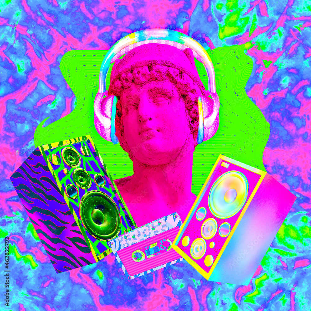 Contemporary art minimal concept collage. Antique statue male and Dj Disco stuff. Back in 90s party style. Zine and vapor wave cuture - obrazy, fototapety, plakaty 