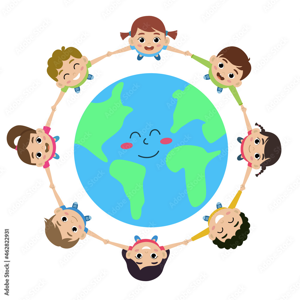 Happy world children's day poster concept. Children smiling and standing on circle around the Earth. International kids holiday. Vector illustration design for greeting card, banner, web post, poster Happy world children's day poster concept. Children smiling and standing on circle around the Earth. International kids holiday. Vector illustration design for greeting card, banner, web post, poster