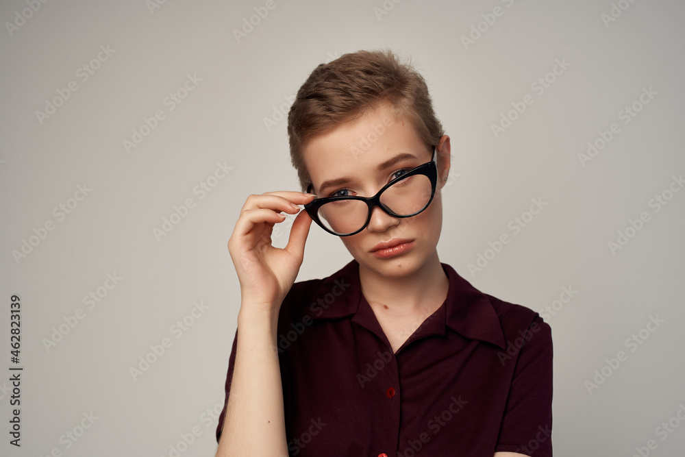 fashionable woman with short hair glasses studio posing fashionable woman with short hair glasses studio posing