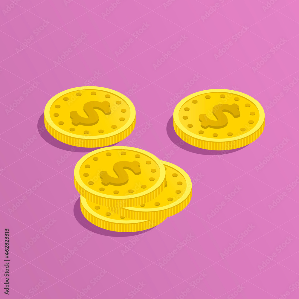 Fototapeta premium A heap of gold dollars coins. Several stacks and piles of money. Finance and cash concept. Big money. Vector flat illustration