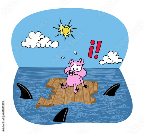 Cute scared pig character on a wooden raft in the middle of the ocean surrounded by sharks. Cartoon style vector illustration.
