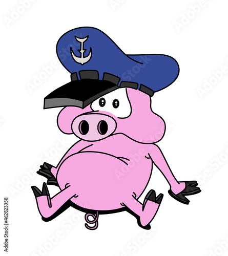 Cute captain, seaman, pig character sitting. Cartoon style vector illustration isolated on white background.