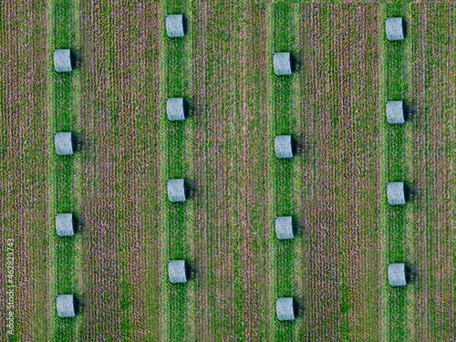 Aerial view of rows of bales lying in green field photo