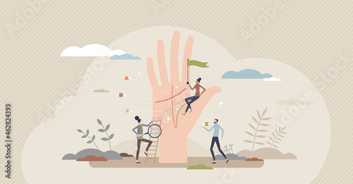 Palm reading as future telling from open hand lines tiny person concept. Life forecasting and prediction using mystic esoteric method vector illustration. Spiritual fate, destiny and path guide wisdom