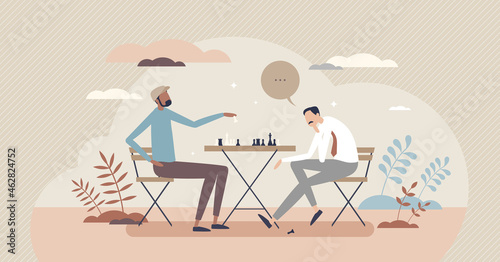 Playing chess and strategy thinking for board game win tiny person concept. Intelligence and brain teaser sport to develop move making decision skills and achieve concentration vector illustration.