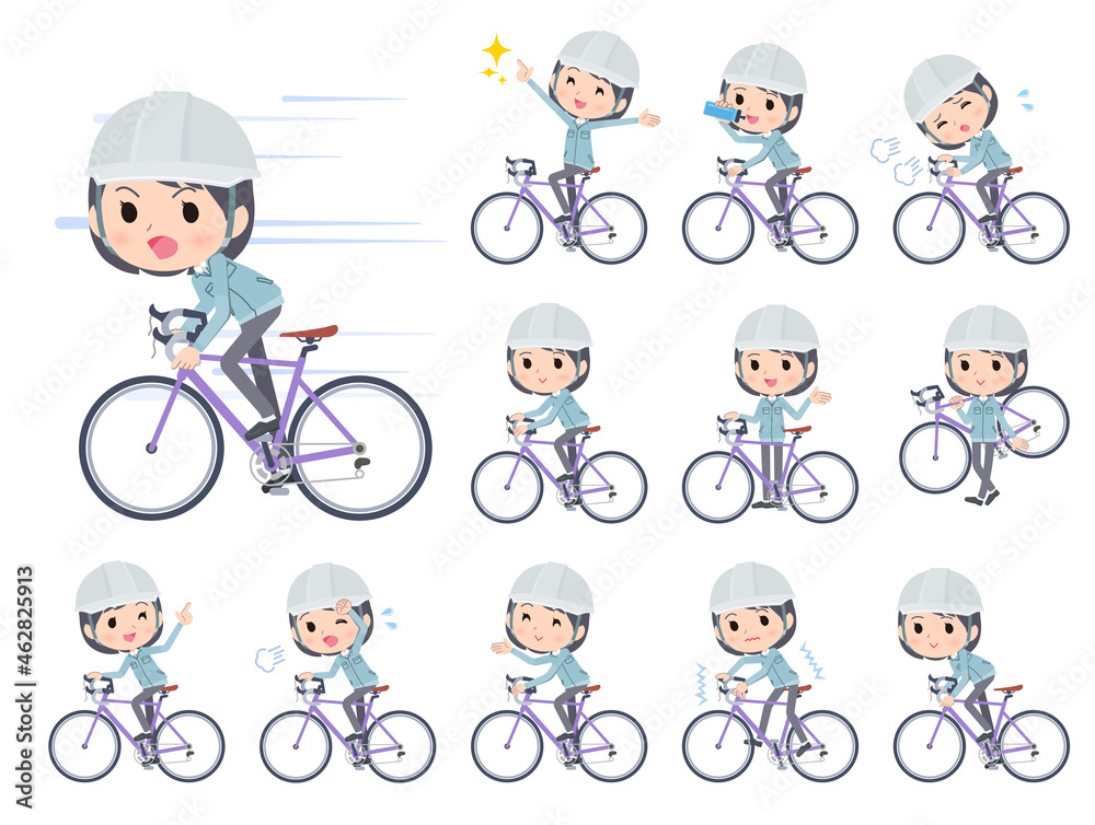 ロードバイクに乗った現場監督女性のセット