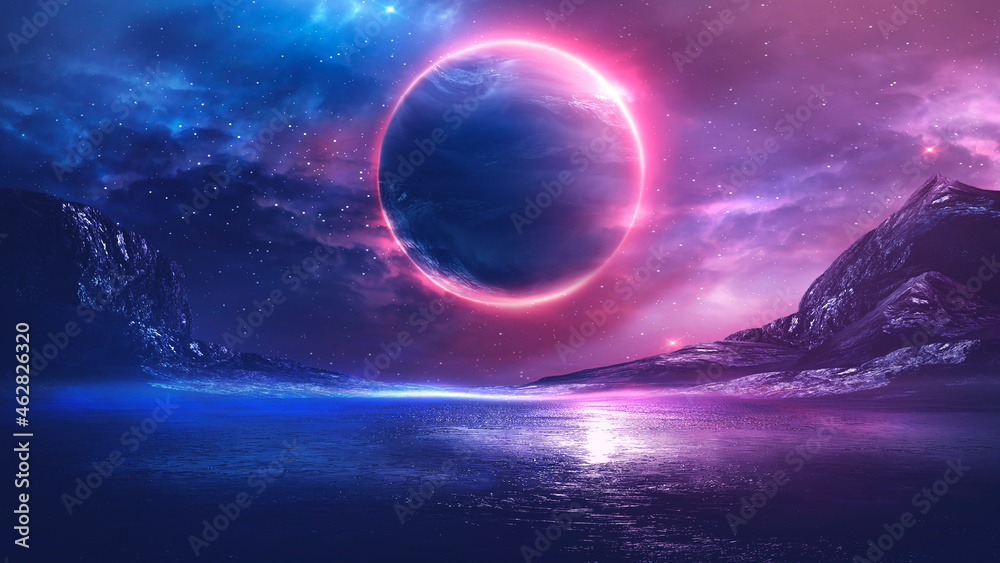 Obraz premium Futuristic fantasy landscape, sci-fi landscape with planet, neon light, cold planet. 3d illustration. 