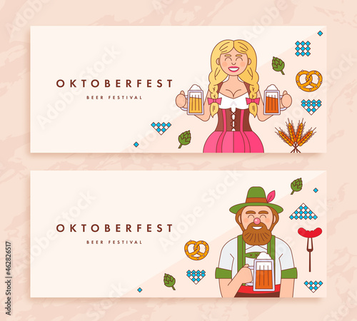 Set of oktoberfest festive banner design template in flat style. Vector illustration
