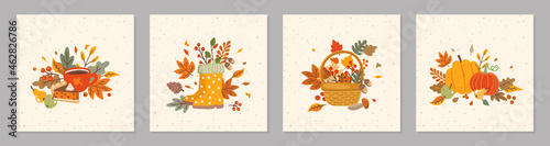 Autumn. Vector illustration with hand drawn cute and cozy design elements.Greeting card invitation poster template. Fall, Thanksgiving Day, Pumpkin season 