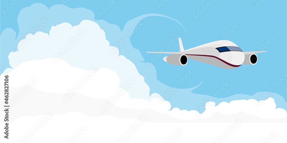 Airplane flying in blue sky with clouds
