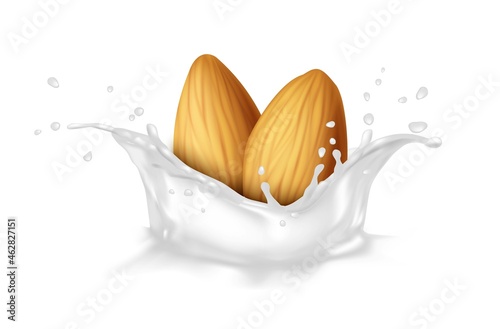 vector icon. Almond nut milk. Nuts in liquid splash. Milk drop.  Isolated on white background. photo