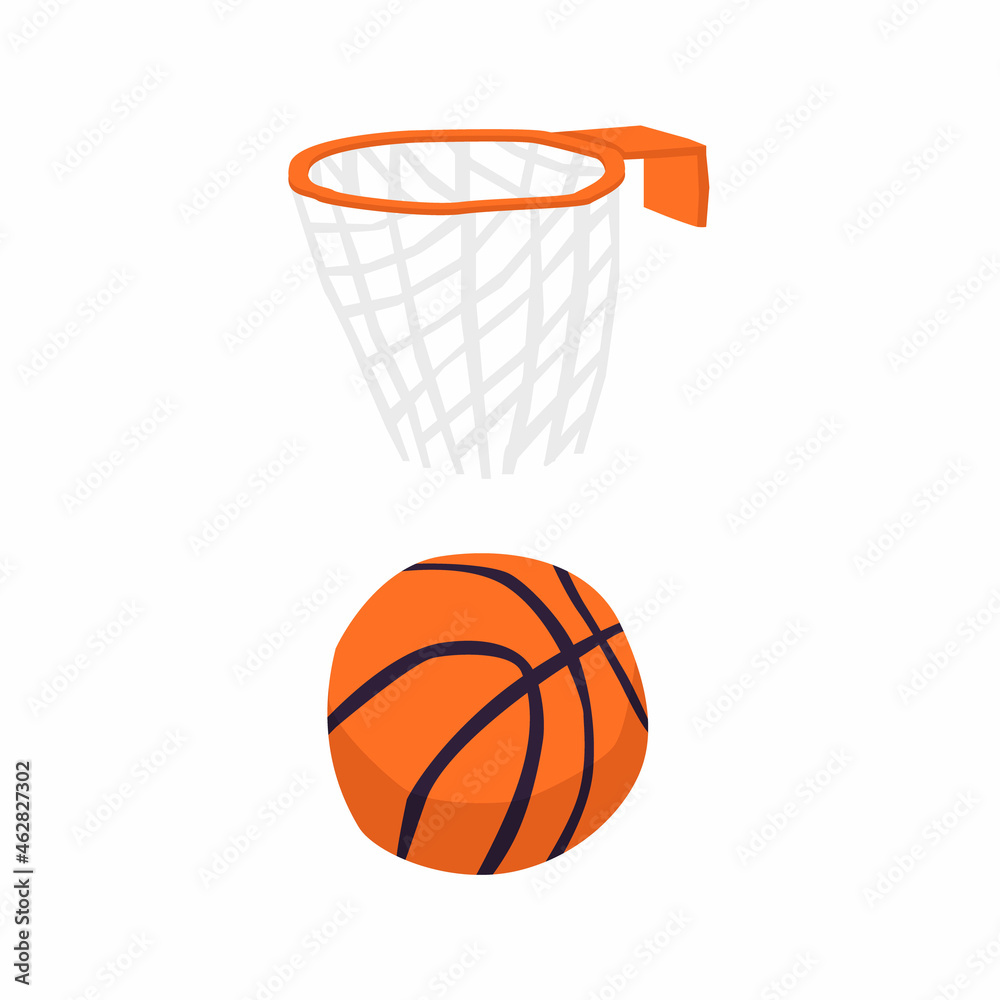 Vector flat illustration with isolated elements on the theme of basketball. The basket and ball are depicted. The concept of sports, basketball, activity, championship, group games.