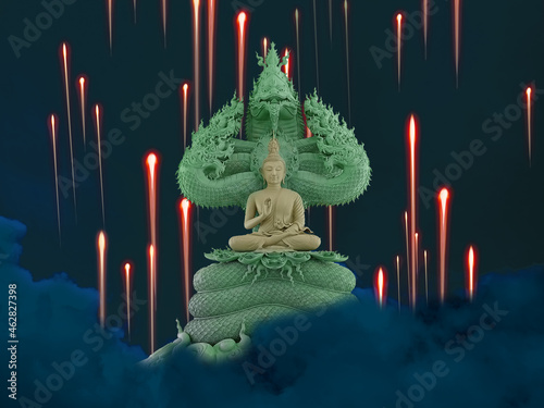 naga fire balls, Buddha protected by hood of mythical king naga night sky photo